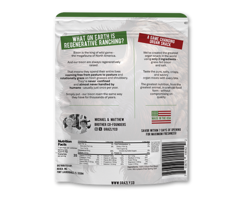Grazly Bison Liver Crisps back of bag with product information