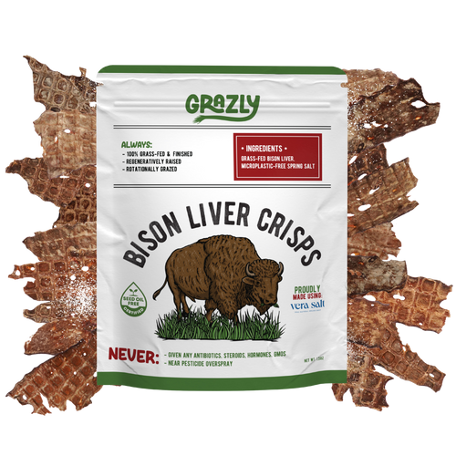 Grazly Bison Liver Crisps 100% grass-fed bag with crisps behind it