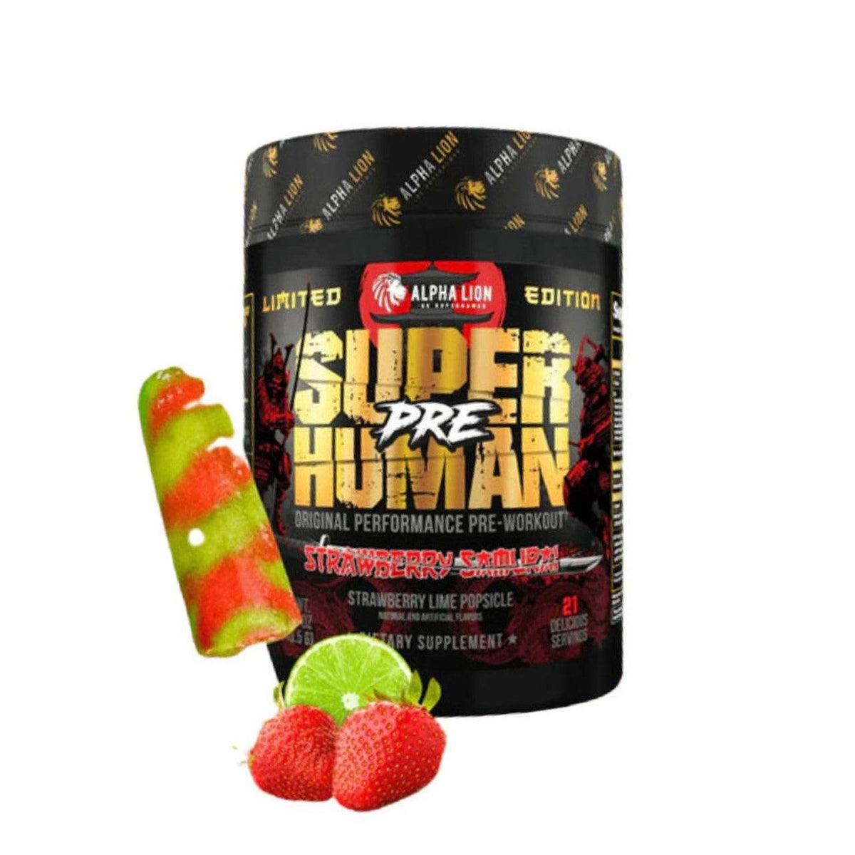 Alpha Lion SuperHuman Pre pre-workout tub shown with strawberries, lime and an ice pop