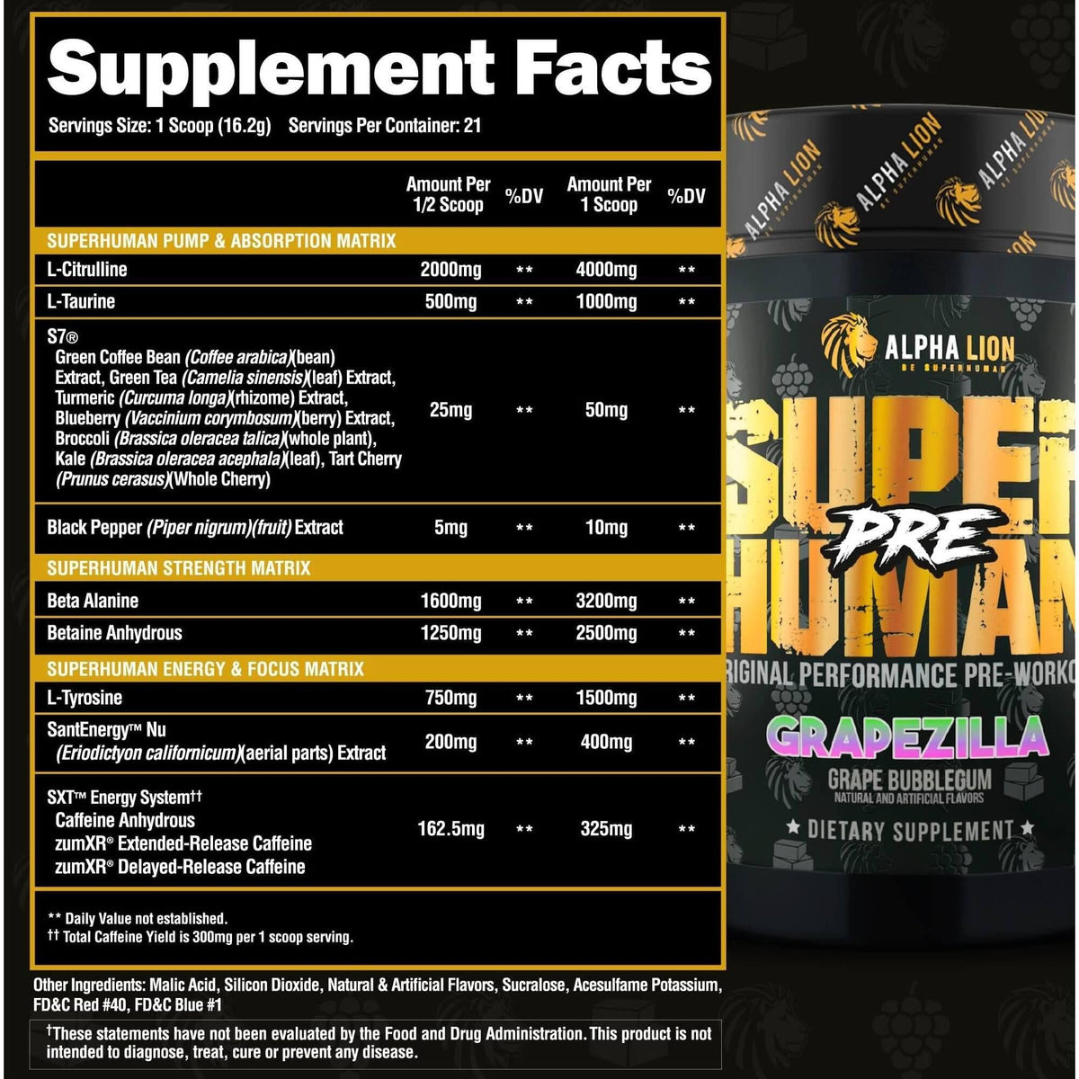 Alpha Lion SuperHuman Pre Grapezilla supplement facts label