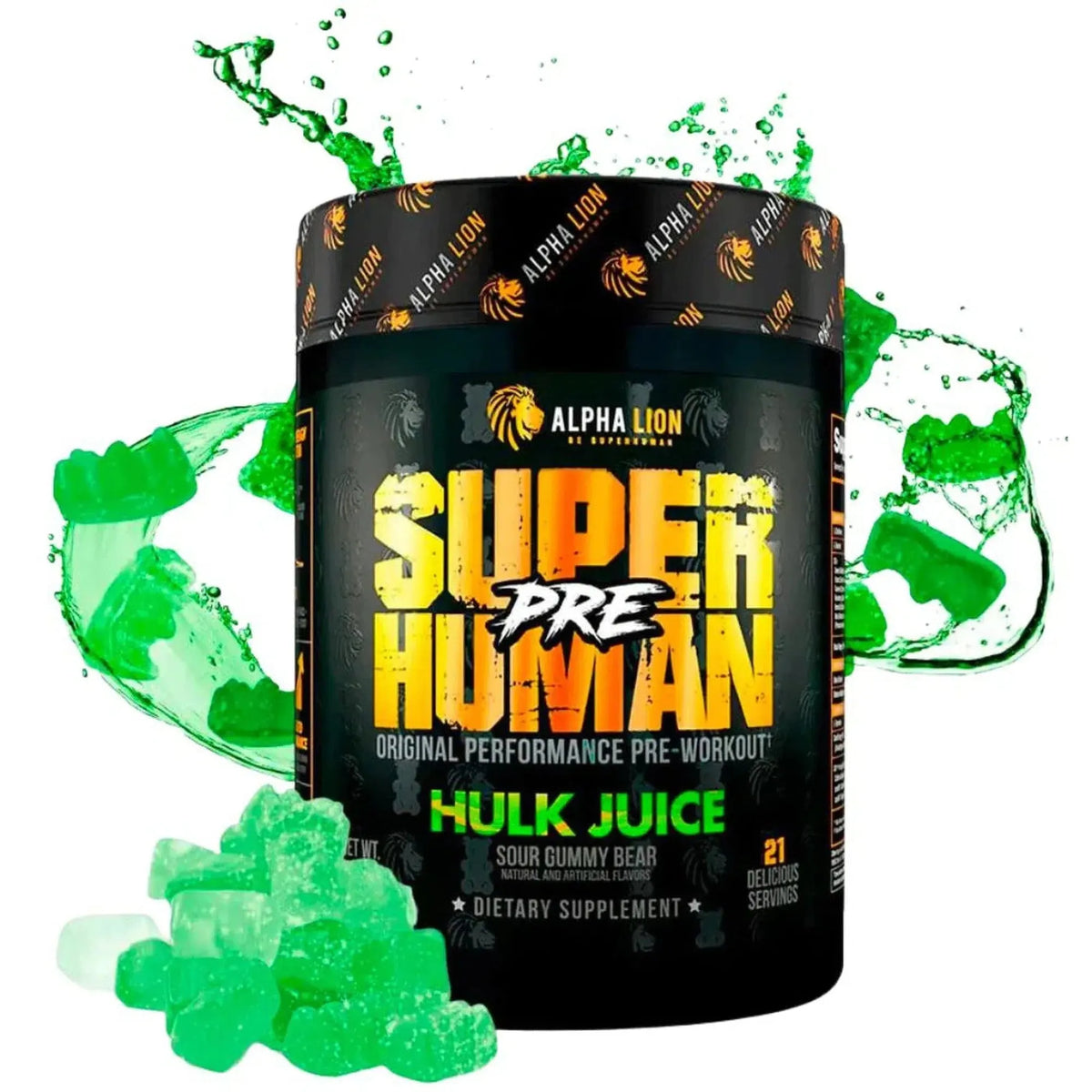 Alpha Lion SuperHuman Pre pre-workout tub, Hulk Juice flavor, with green gummy bears