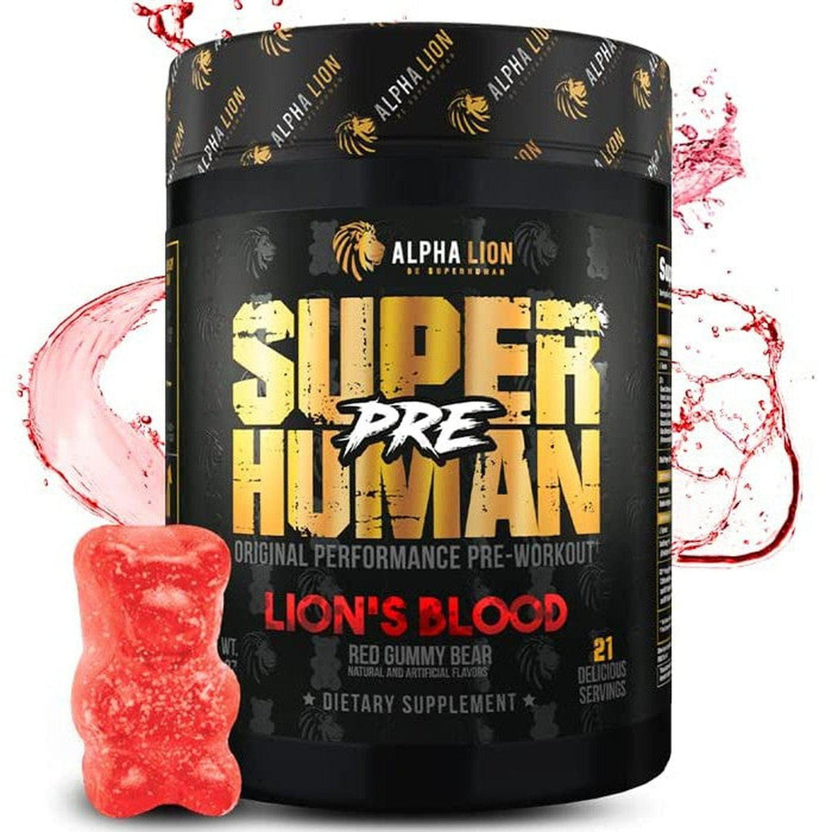 Alpha Lion SuperHuman Pre pre-workout tub, Lion's Blood flavor, with red gummy bear