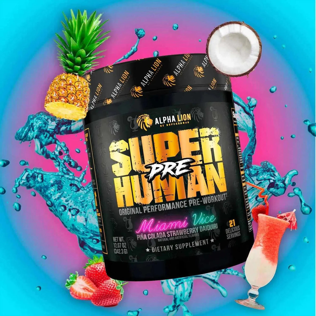 Alpha Lion SuperHuman Pre pre-workout tub with pineapple, coconut and strawberries