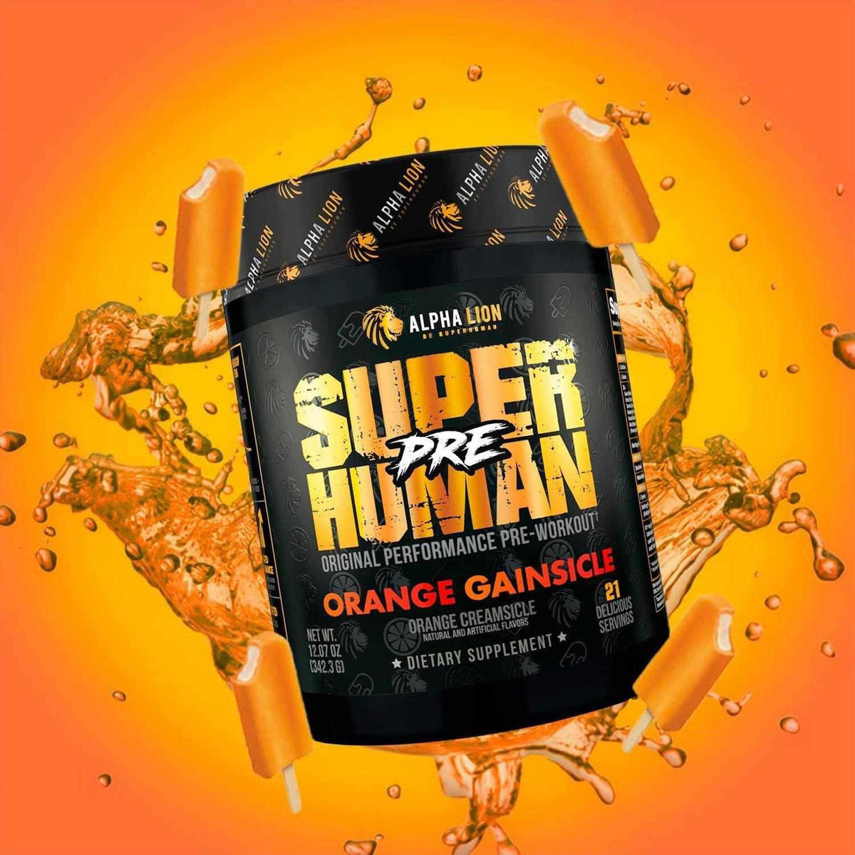 Alpha Lion SuperHuman Pre pre-workout tub, Orange Gainsicle flavor, with orange ice pops