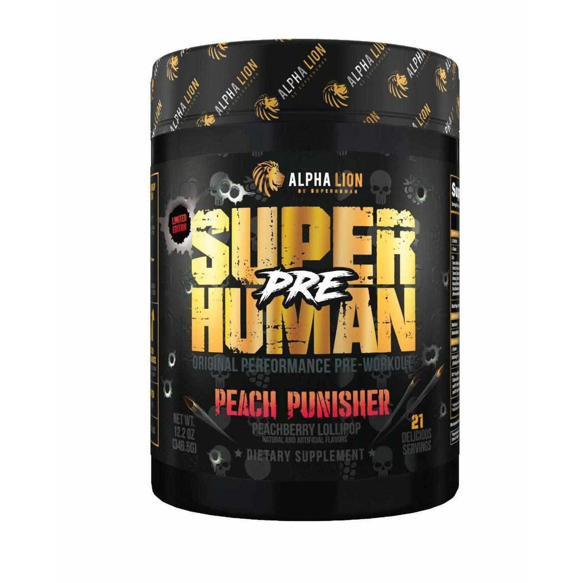 Alpha Lion SuperHuman Pre pre-workout tub, Peach Punisher flavor
