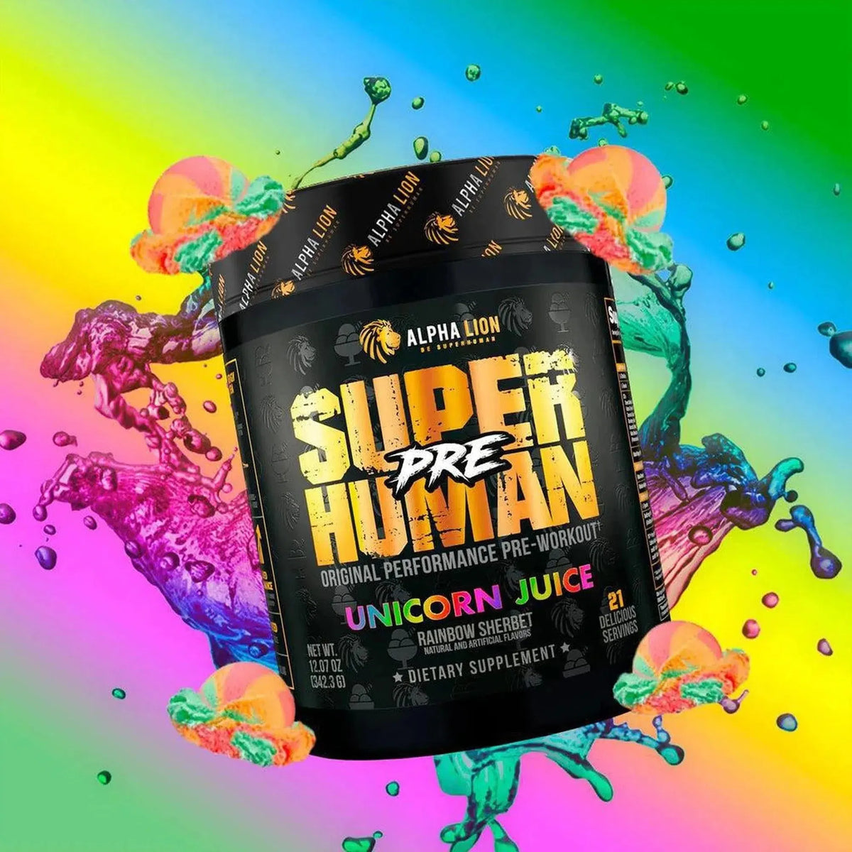 Alpha Lion SuperHuman Pre pre-workout tub, Unicorn Juice flavor, on a rainbow background