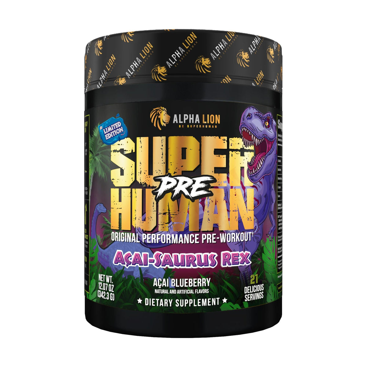 Alpha Lion SuperHuman Pre pre-workout tub, Acai-Saurus Rex flavor