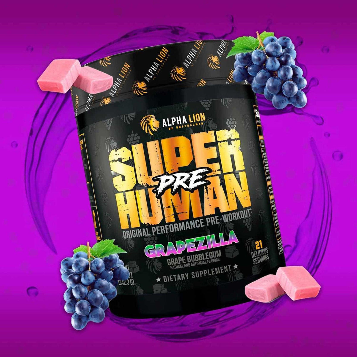 Alpha Lion SuperHuman Pre pre-workout tub, Grapezilla flavor, with grapes and bubblegum