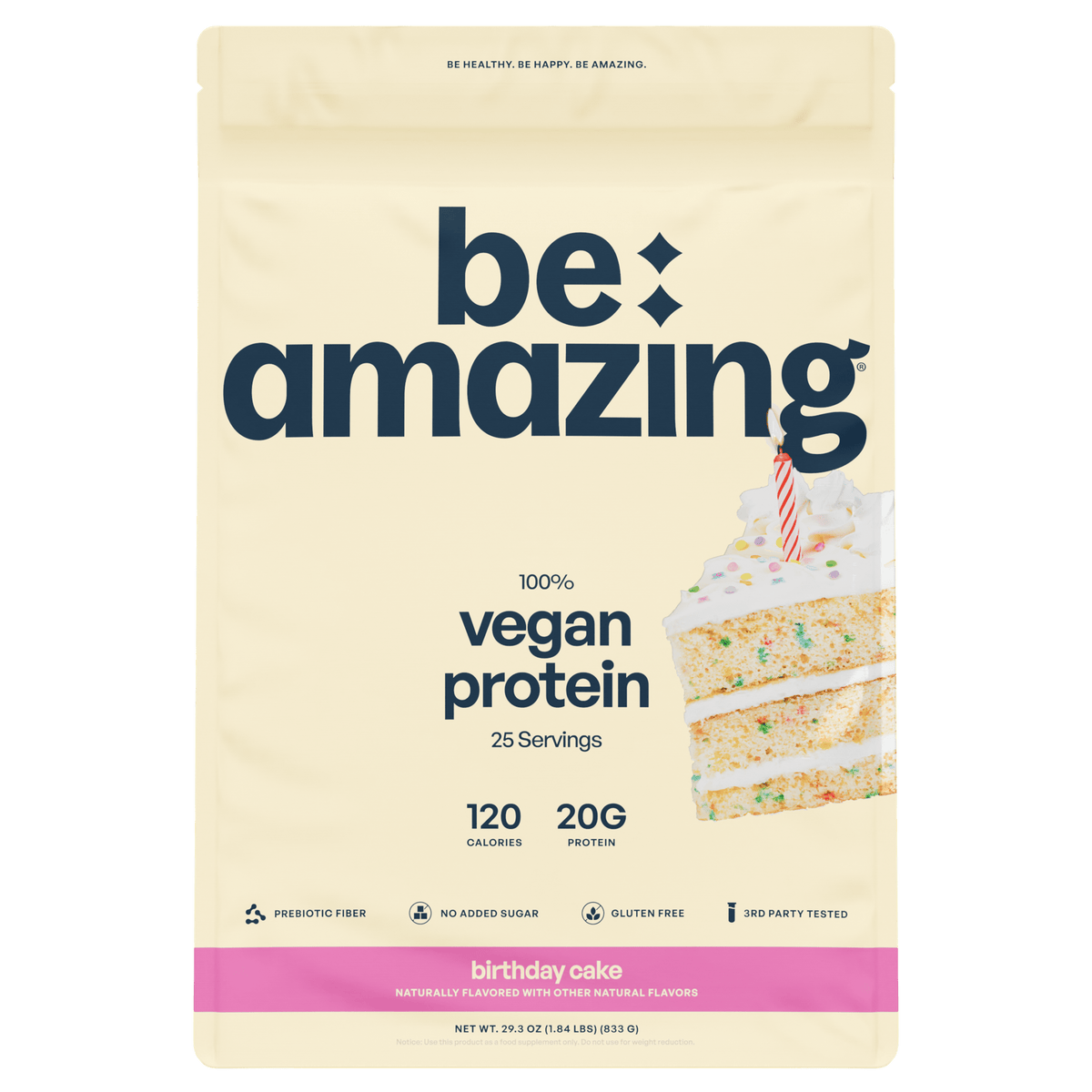 Be Amazing Vegan Protein, Birthday Cake flavor bag