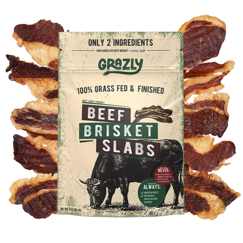 Grazly Beef Brisket Slabs 100% grass-fed and finished bag surrounded by brisket slabs
