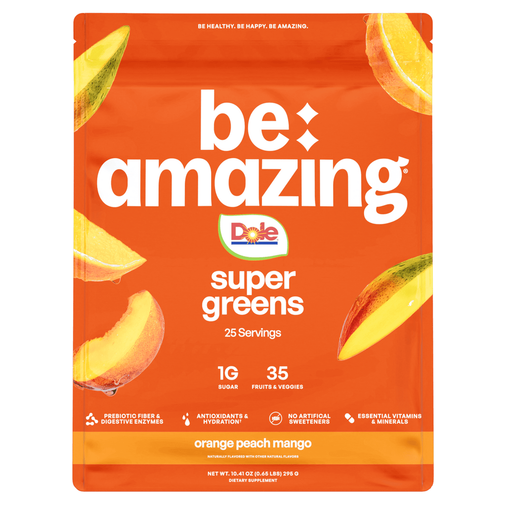 Be Amazing x DOLE Super Greens powder bag, Orange Peach Mango, 35 fruits and veggies per scoop
