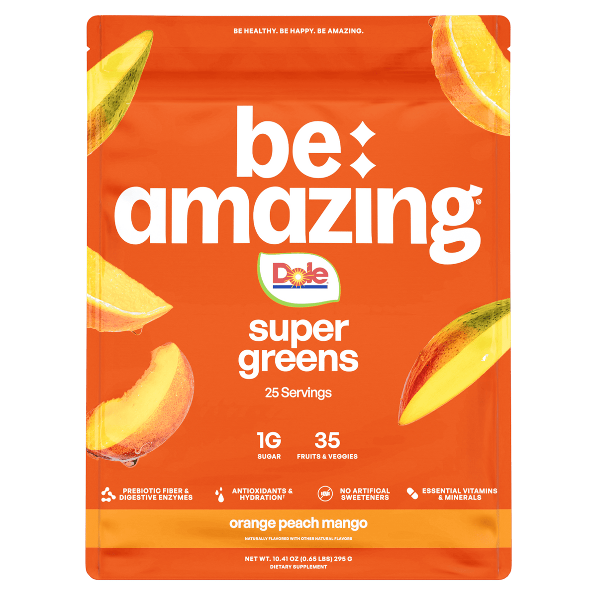 Be Amazing x DOLE Super Greens powder bag, Orange Peach Mango, 35 fruits and veggies per scoop