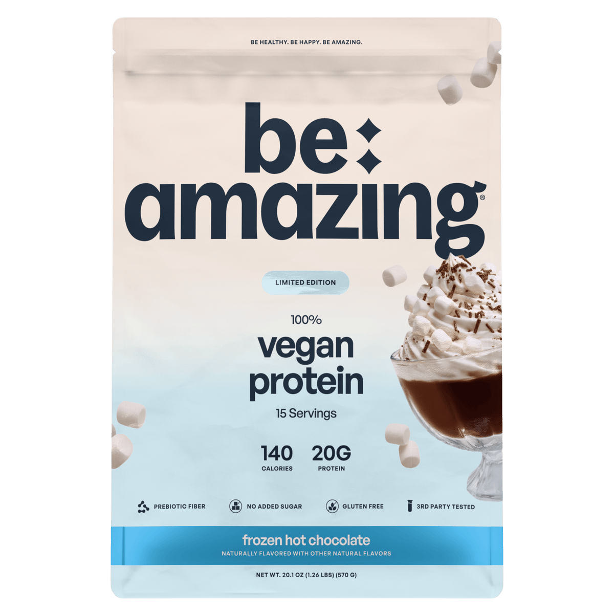Be Amazing Vegan Protein, Frozen Hot Chocolate flavor bag