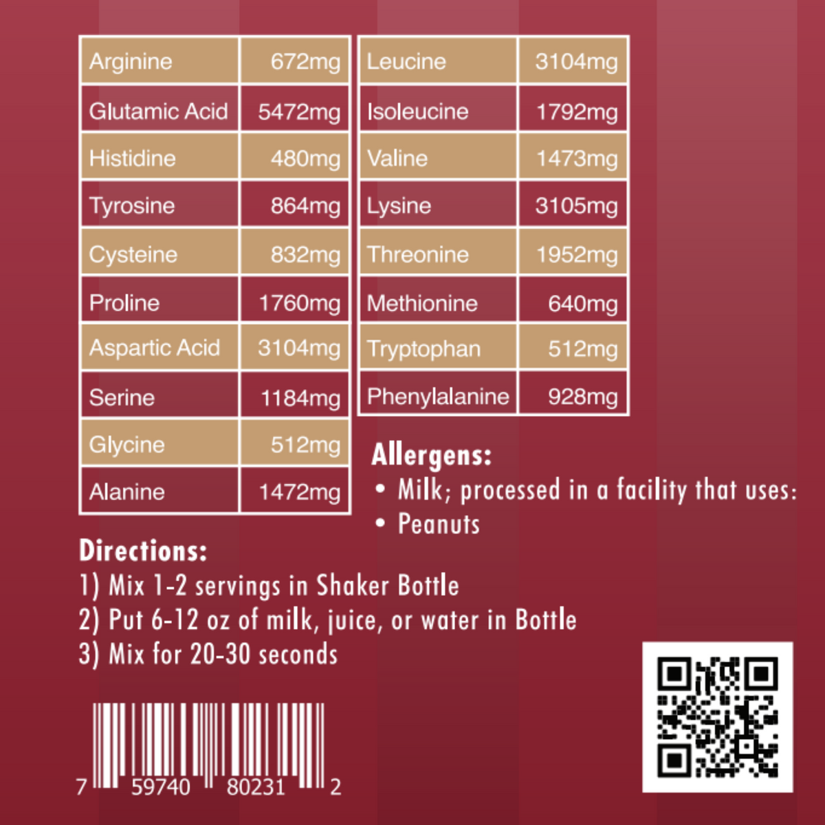 Pure Choice Farms whey isolate amino acid profile, directions and allergens