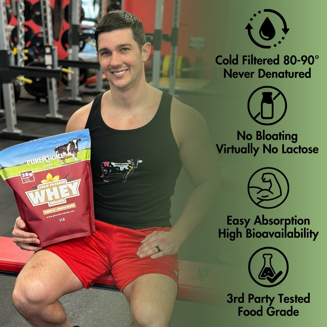 Man in a gym holding a Pure Choice Farms whey protein isolate bag