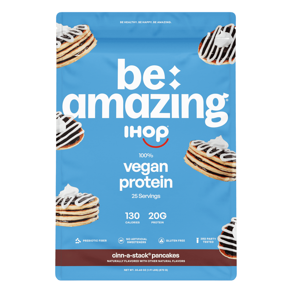 Be Amazing Vegan Protein, IHOP Cinn-A-Stack Pancakes flavor bag