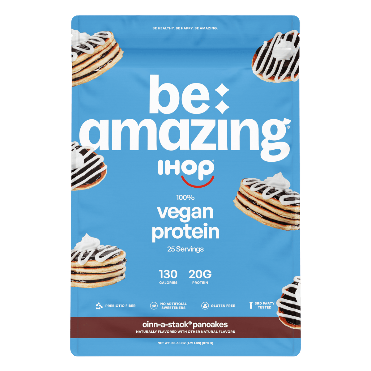 Be Amazing Vegan Protein, IHOP Cinn-A-Stack Pancakes flavor bag