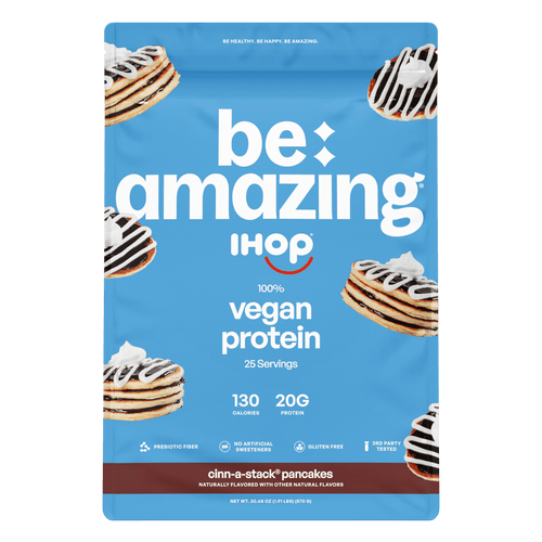 Be Amazing Vegan Protein, IHOP Cinn-A-Stack Pancakes flavor bag