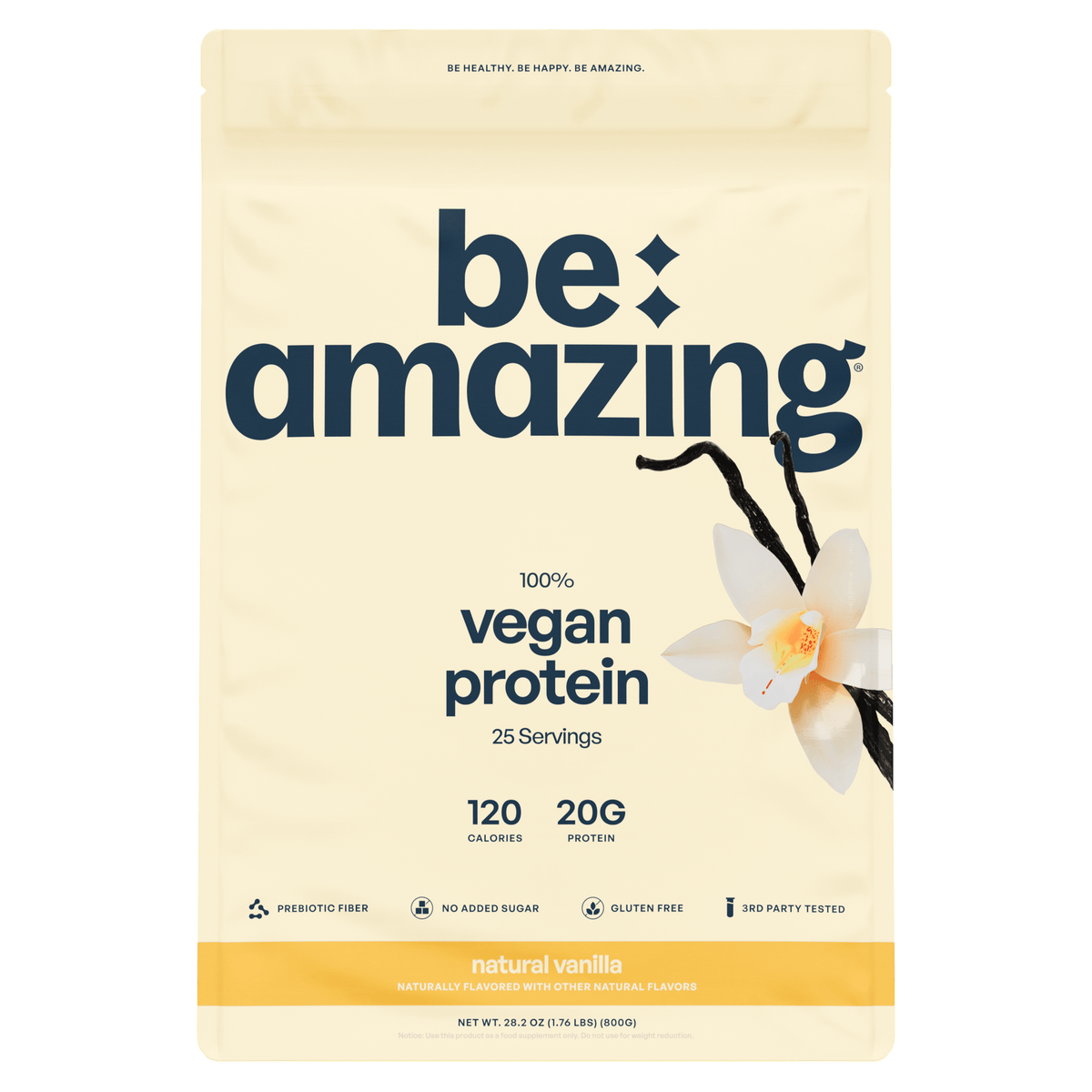 Be Amazing Vegan Protein, Natural Vanilla flavor bag