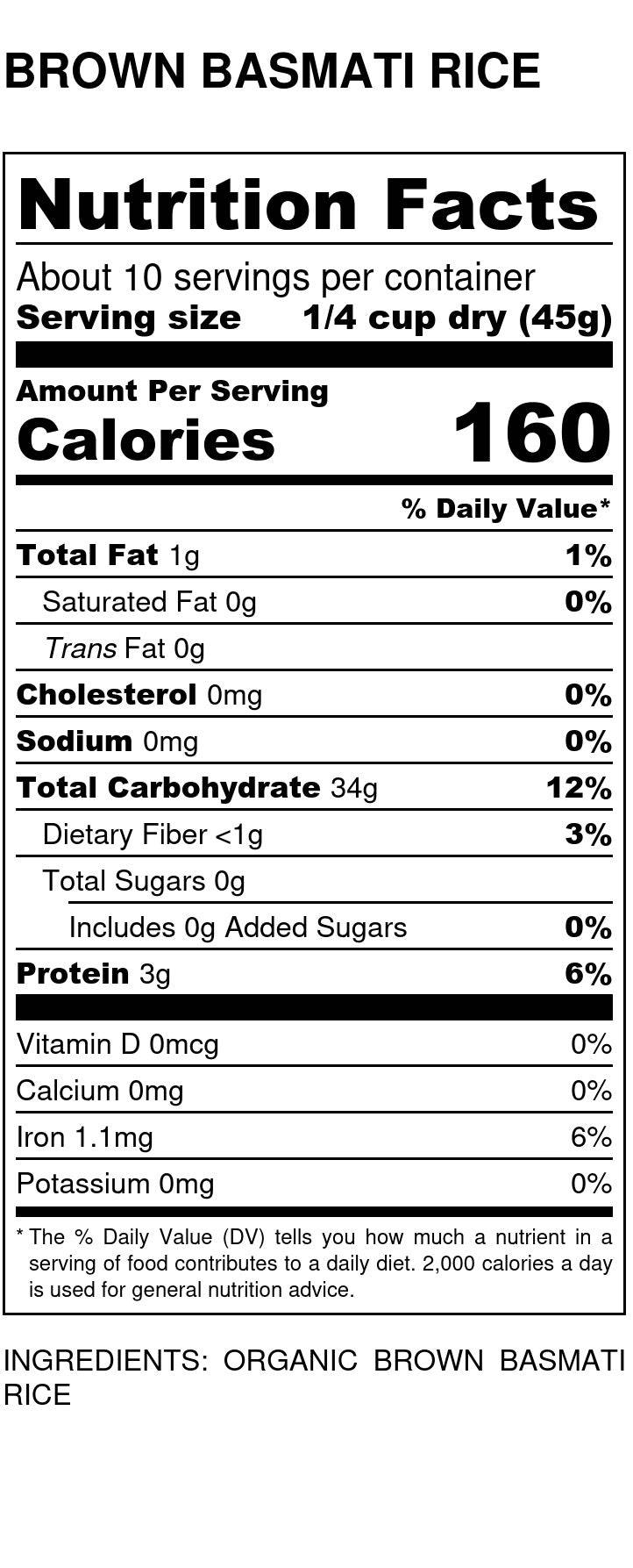 Nutrition facts and ingredients label for organic brown basmati rice