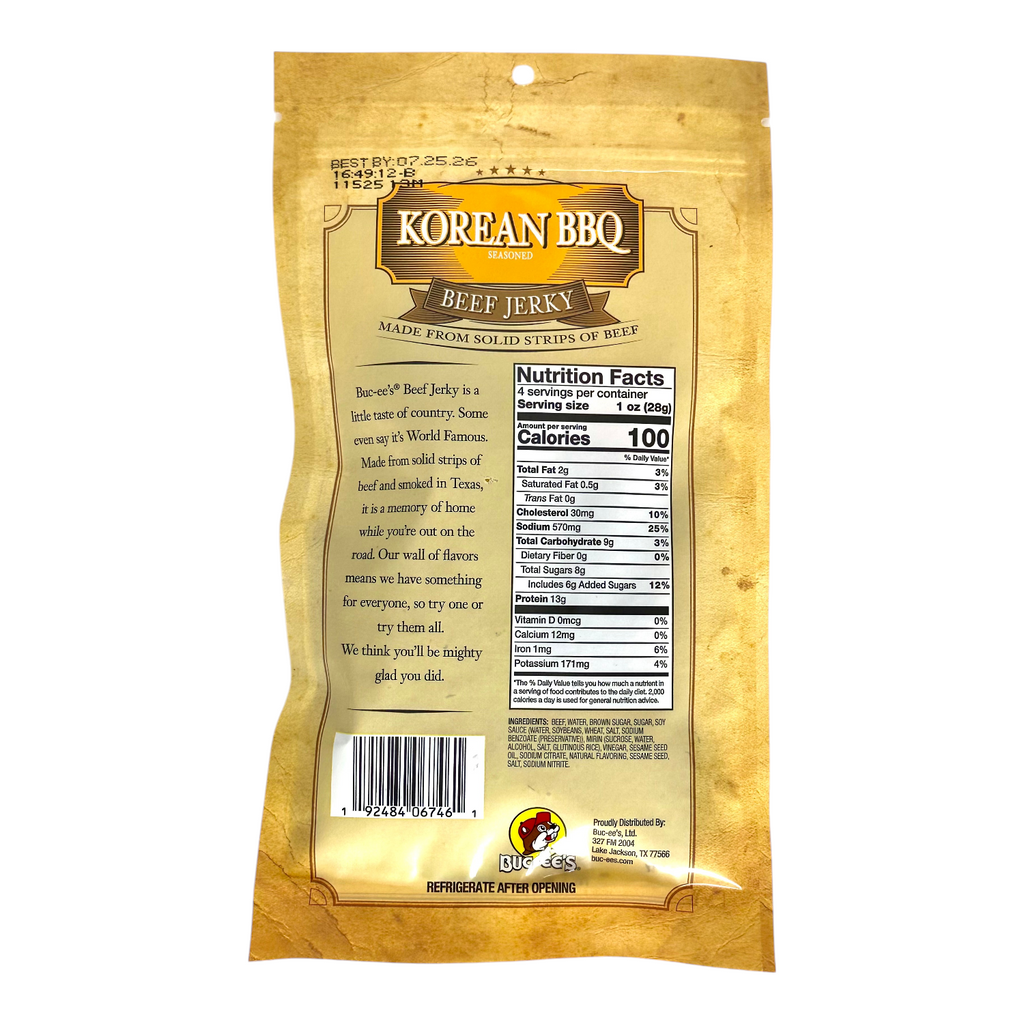 Korean BBQ Beef Jerky 4 oz bag, back with nutrition facts